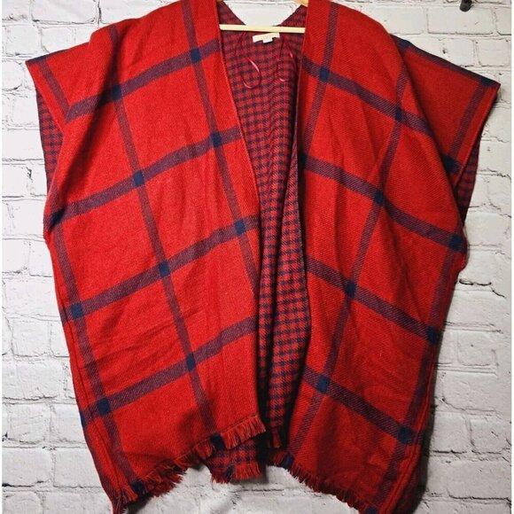 Loft Red Blue Plaid Poncho Wrap Shawl Size XS/S - Picture 1 of 4